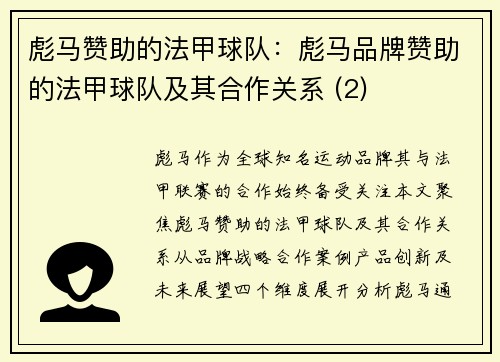 彪马赞助的法甲球队：彪马品牌赞助的法甲球队及其合作关系 (2)