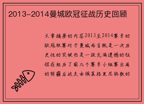 2013-2014曼城欧冠征战历史回顾